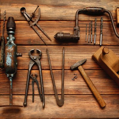 Work Tool  DIY  Vintage carpenter tools on rustic wooden table, Hand Tool